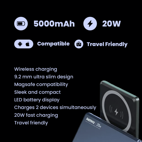 Remax® Ultra-Slim Magnetic Magsafe 20W Wireless Battery Power Bank - 5000mAh - Image 7